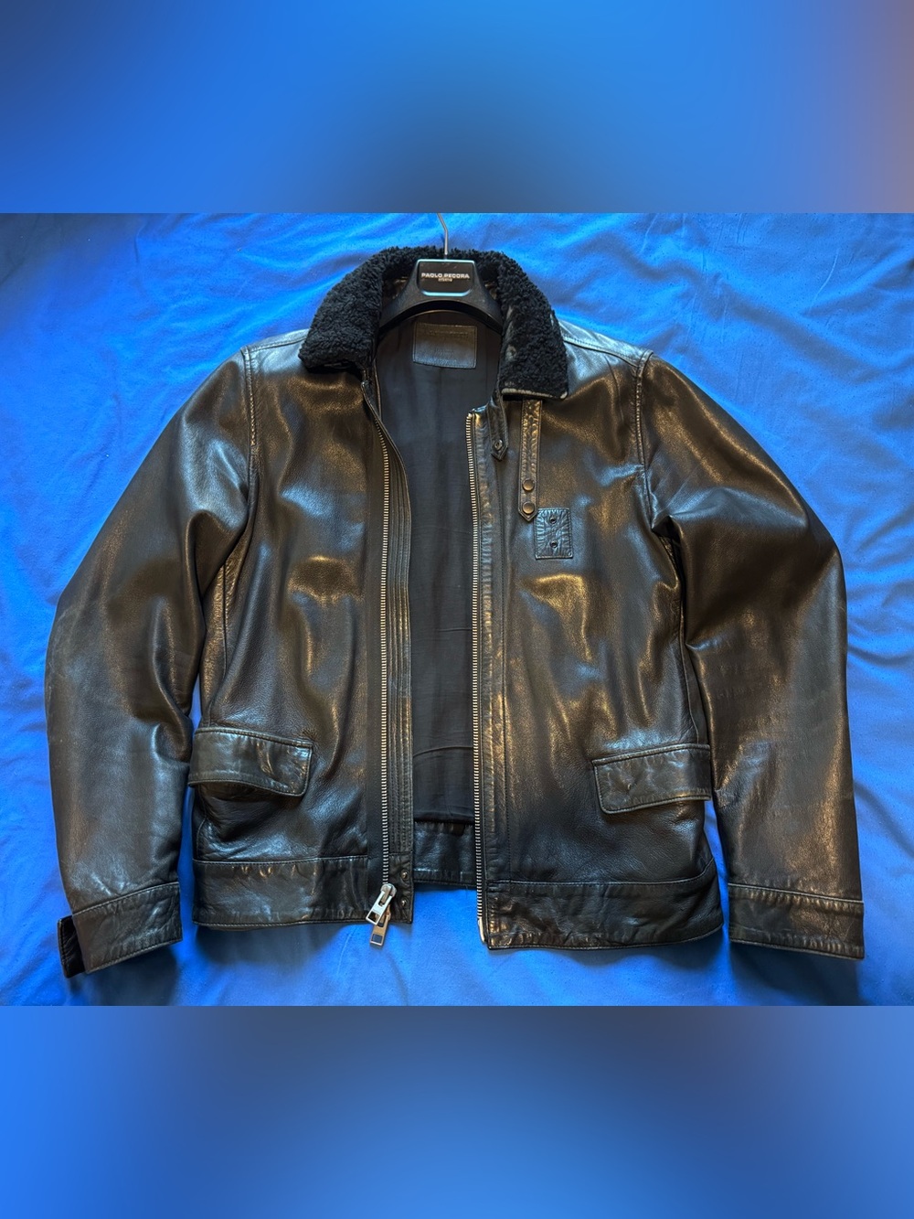AllSaints Black Leather Bomber Jacket with Shearling Collar